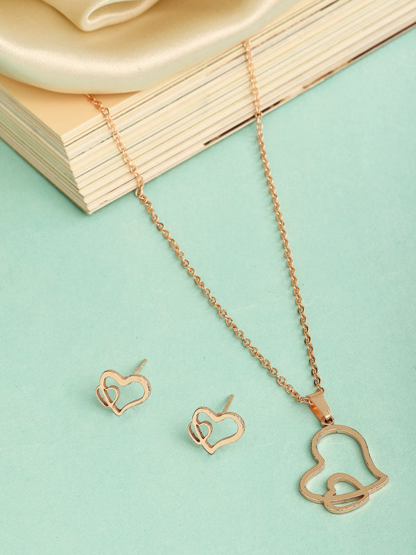 Rose Gold Plated with Stylish Heart Shaped Stainless Steel Pendant Set