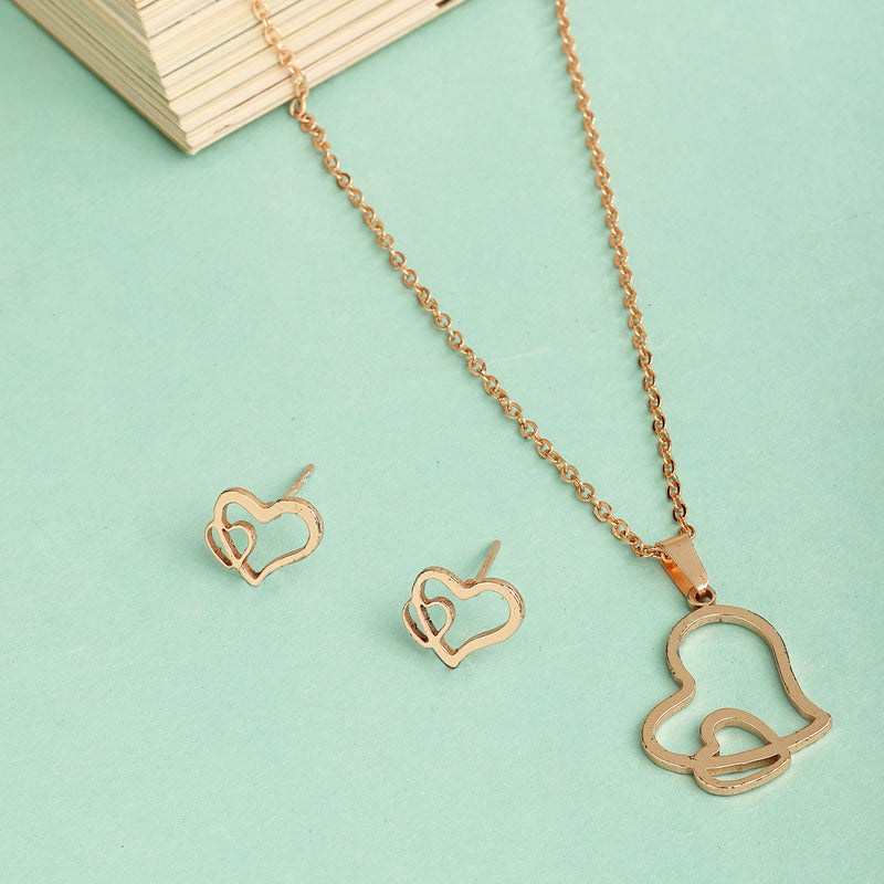Rose Gold Plated with Stylish Heart Shaped Stainless Steel Pendant Set