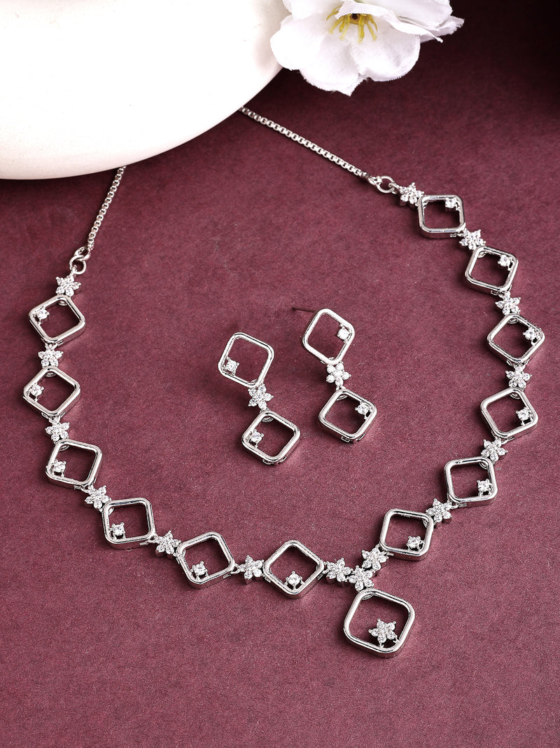 Rhodium Plated with Square Blossom Design & White AD Stone Studded Necklace Set