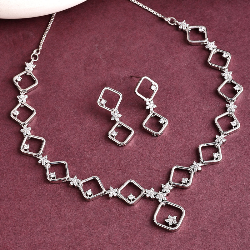Rhodium Plated with Square Star Design & White American Diamond Stone Studded Jewellery Set