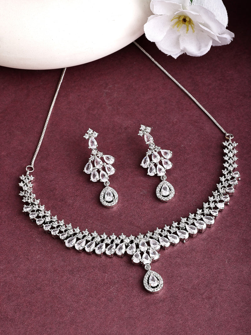 Rhodium Plated Teardrop Symphony Design with White AD Stone Studded Necklace Set