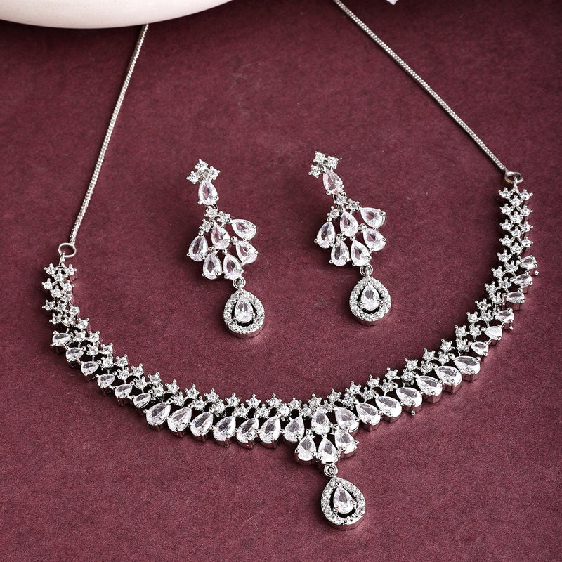 Rhodium Plated Teardrop Symphony Design with White American Diamond Stone Studded Jewellery set