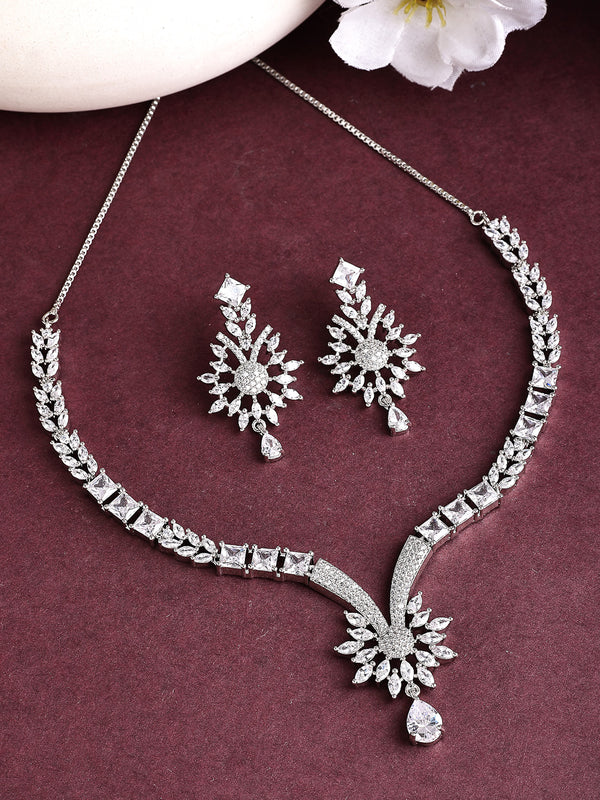 Rhodium Plated with White American Diamond Studded Floral Design & Curved Shaped Necklace Set