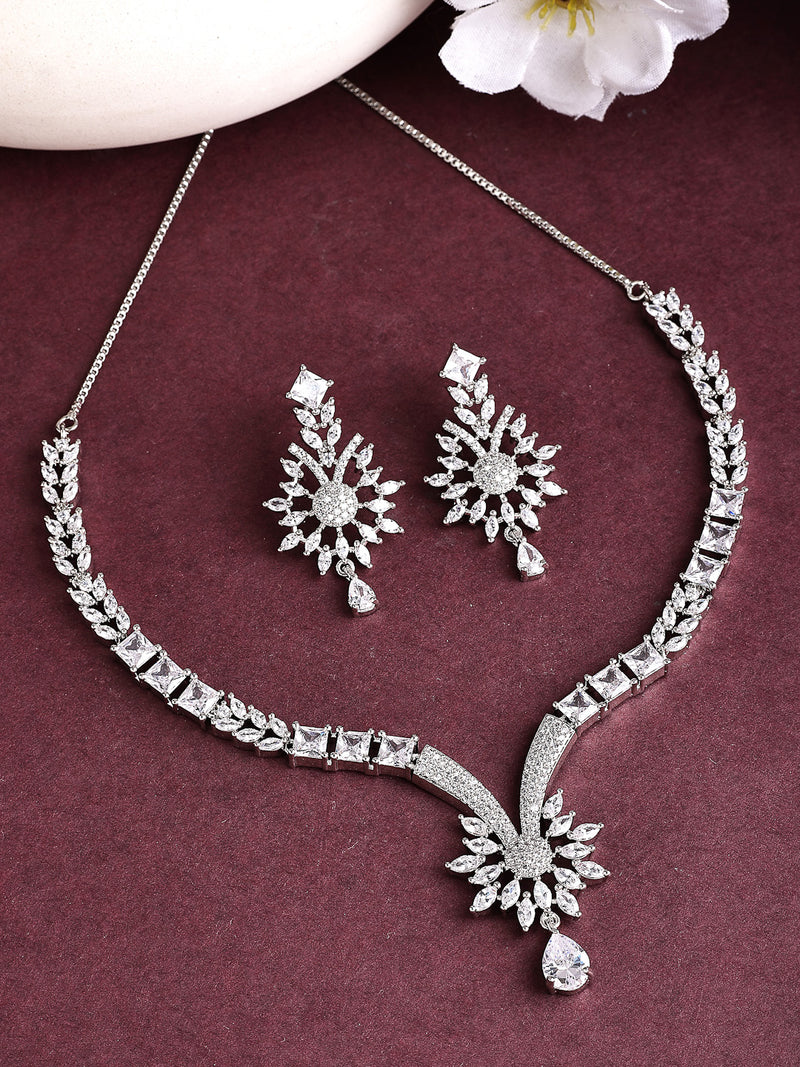 Rhodium Plated with White American Diamond Studded Floral Design & Curved Shaped Necklace Set