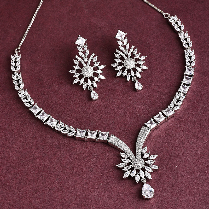 Rhodium Plated Silver Toned Nature Inspired White AD Studded Necklace Set With Matching Earrings