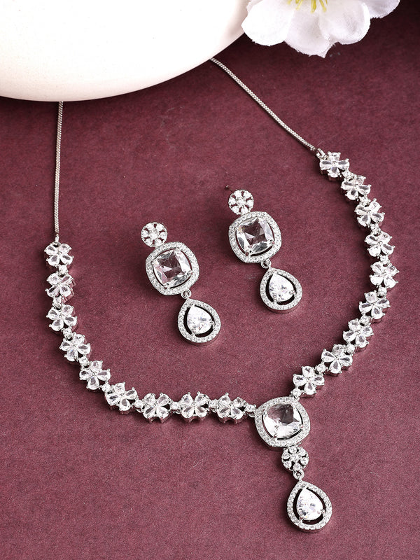 Rhodium Plated with Silver Floral Sparkle and Dazzling Drop Necklace Set