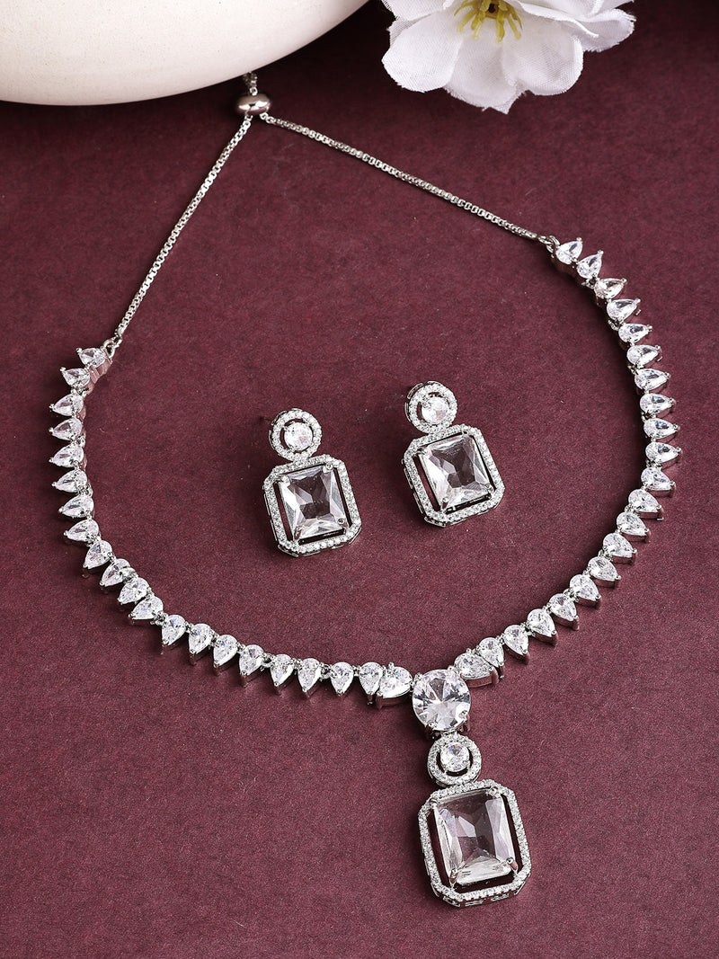 Rhodium Plated with Unique Design Necklace & White American Diamond Studded Necklace Set