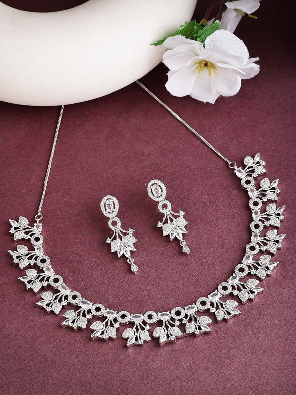 Rhodium Plated with Delicate Floral & White AD Stone Studded Necklace Set