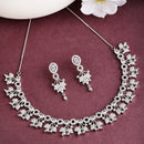 Rhodium Plated Silver Toned with Delicate Floral & White American Diamond Stone Studded Jewellery Set