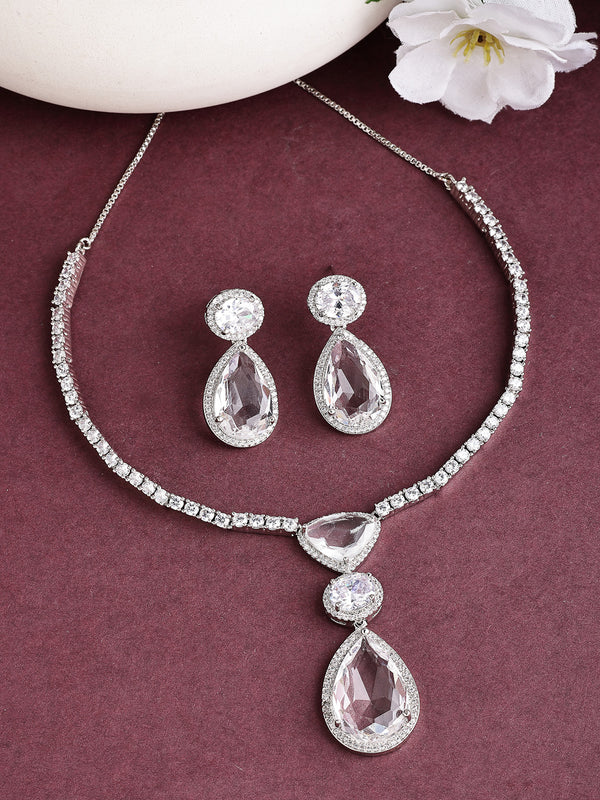 Rhodium Plated Triangular & Teardrop Shaped American Diamond Studded Necklace Set