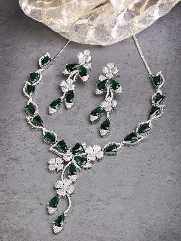 Rhodium Plated with Green & White American Diamond Studded Floral Design Necklace