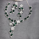 Rhodium Plated Silver Toned Emerald & White American Diamond Studded Necklace set