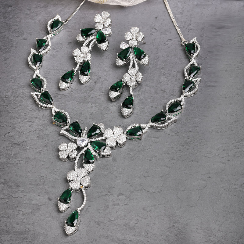 Rhodium Plated Silver Toned Emerald & White American Diamond Studded Necklace set