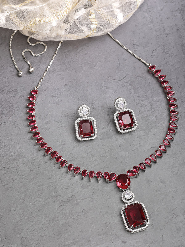 Rhodium Plated with Unique Design Necklace & Red American Diamond Studded Necklace Set