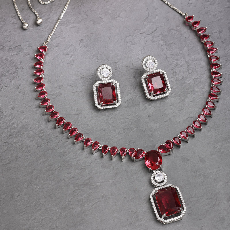Rhodium Plated Silver Toned Ruby Red American Diamond Studded Jewellery Set