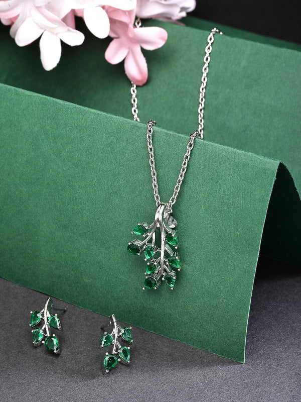 Rhodium Plated with Leaf Shaped Design & Green American Diamonds Studded Pendant Set