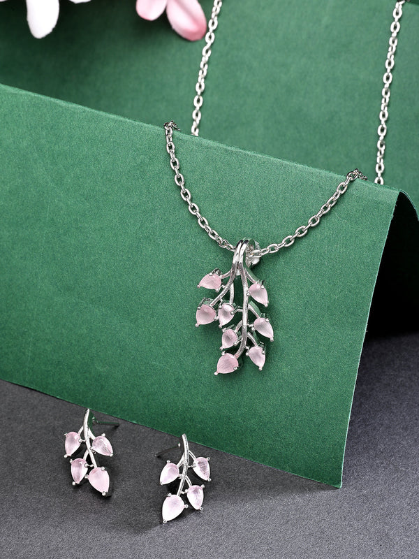 Rhodium Plated with Leaf Shaped Design & Pink American Diamonds Studded Pendant Set