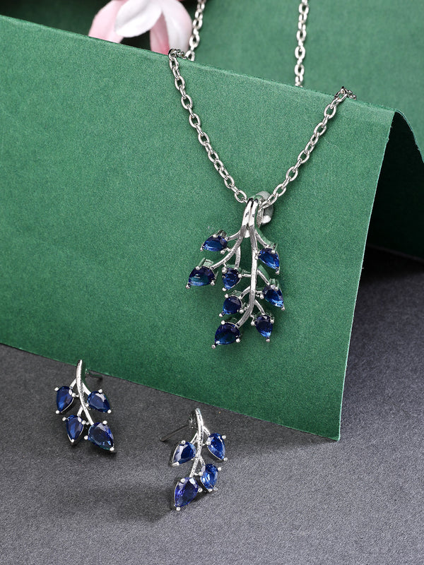 Rhodium Plated with Leaf Shaped Design & Blue American Diamonds Studded Pendant Set