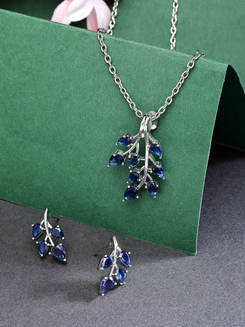 Rhodium Plated with Leaf Shaped Design & Blue American Diamonds Studded Pendant Set