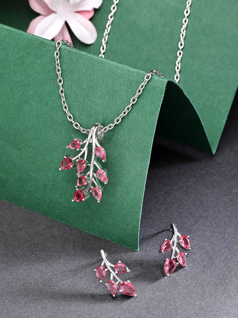 Rhodium Plated with Leaf Shaped Design & Red American Diamonds Studded Pendant Set