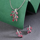 Rhodium Plated with Leaf Shaped Design & Red American Diamonds Studded Pendant Set