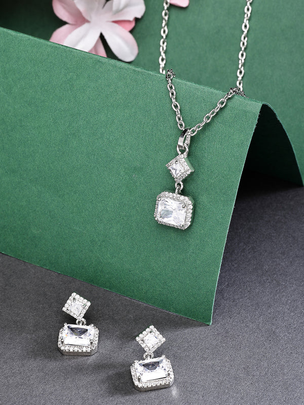 Rhodium Plated with White Rectangular American Diamond Studded Pendent Set