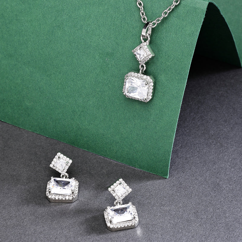 Rhodium Plated with White Rectangular American Diamond Studded Pendent Set