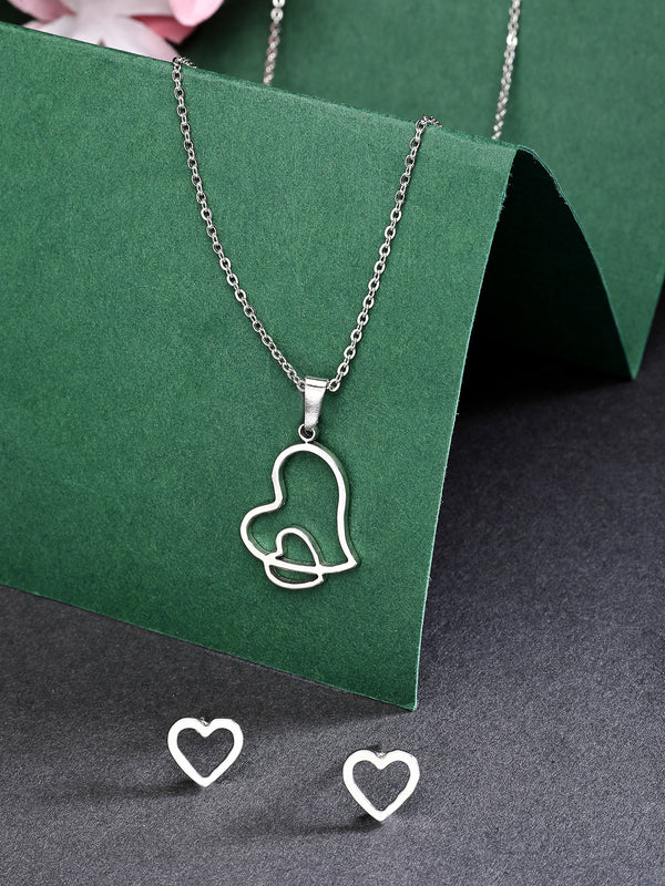 Rhodium Plated with Stylish Heart Shaped Stainless Steel Pendant Set