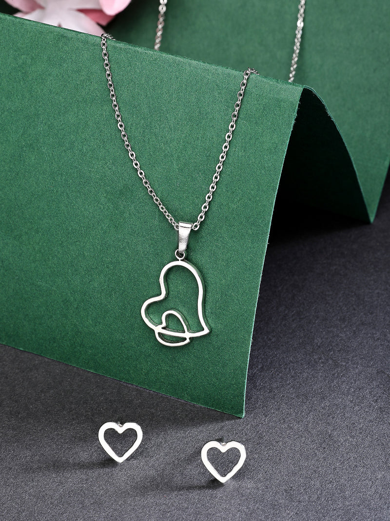 Rhodium Plated with Stylish Heart Shaped Stainless Steel Pendant Set