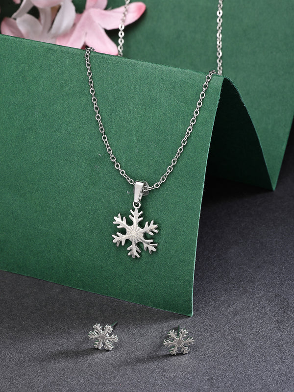 Rhodium Plated with Cute Snowflake Shaped Stainless Steel Pendent Set