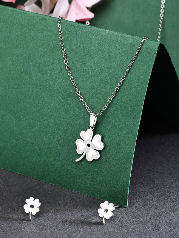 Rhodium Plated with Clover Leaf Shaped Design Stainless Steel Pendent Set