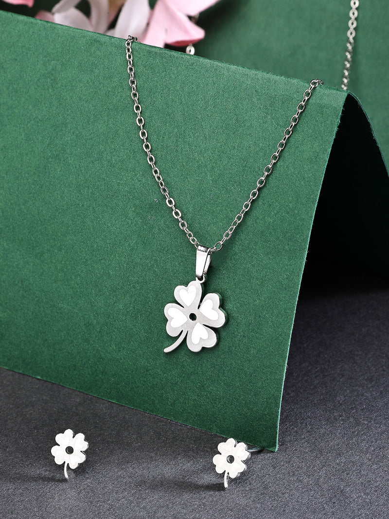 Rhodium Plated with Clover Leaf Shaped Design Stainless Steel Pendent Set