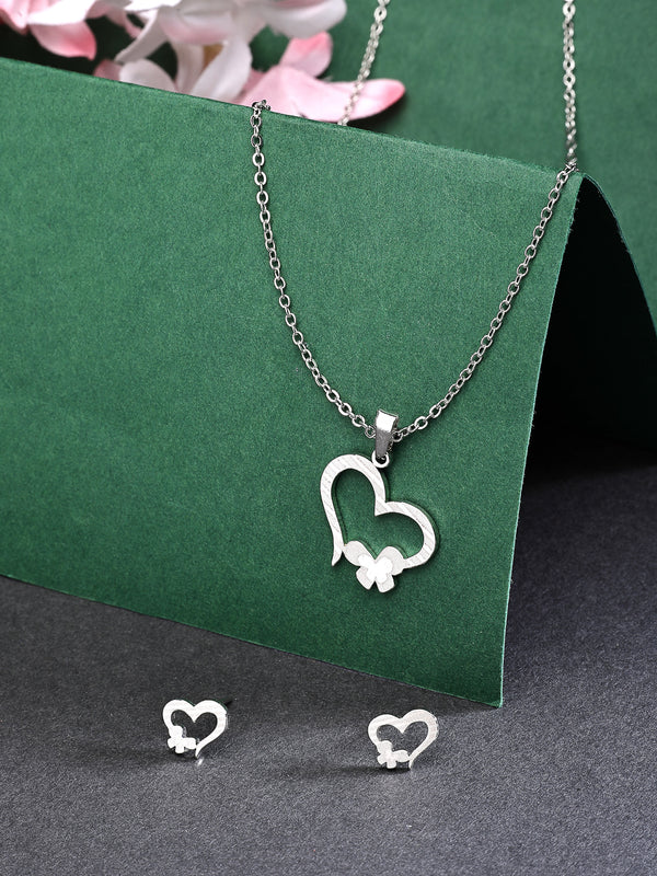 Rhodium Plated with Heart with Butterfly Shaped Stainless Steel Pendent Set