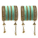 Gold-Plated Velvet Sea Green Set Of 56 Traditional Tasseled With Ghunghru Chuda Bangles