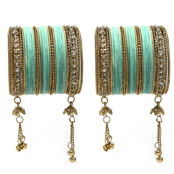 Gold-Plated Velvet Sea Green Set Of 56 Traditional Tasseled With Ghunghru Chuda Bangles