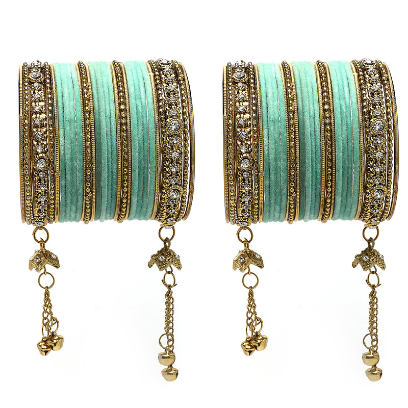 Gold-Plated Velvet Sea Green Set Of 56 Traditional Tasseled With Ghunghru Chuda Bangles