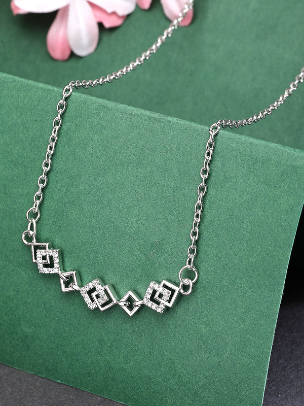 Rhodium Plated with White American Diamond Studded Geometric Design Pendant