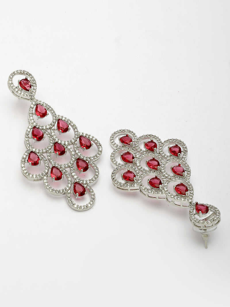 Rhodium Plated Silver Toned with Red American Diamond Dangler Earrings