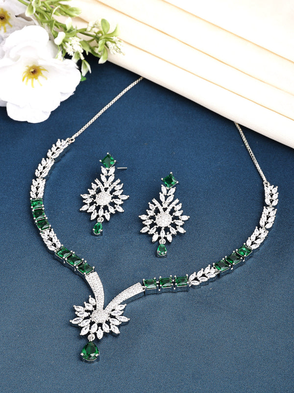 Rhodium Plated with Green American Diamond Studded Floral Design & Curved Shaped Necklace Set