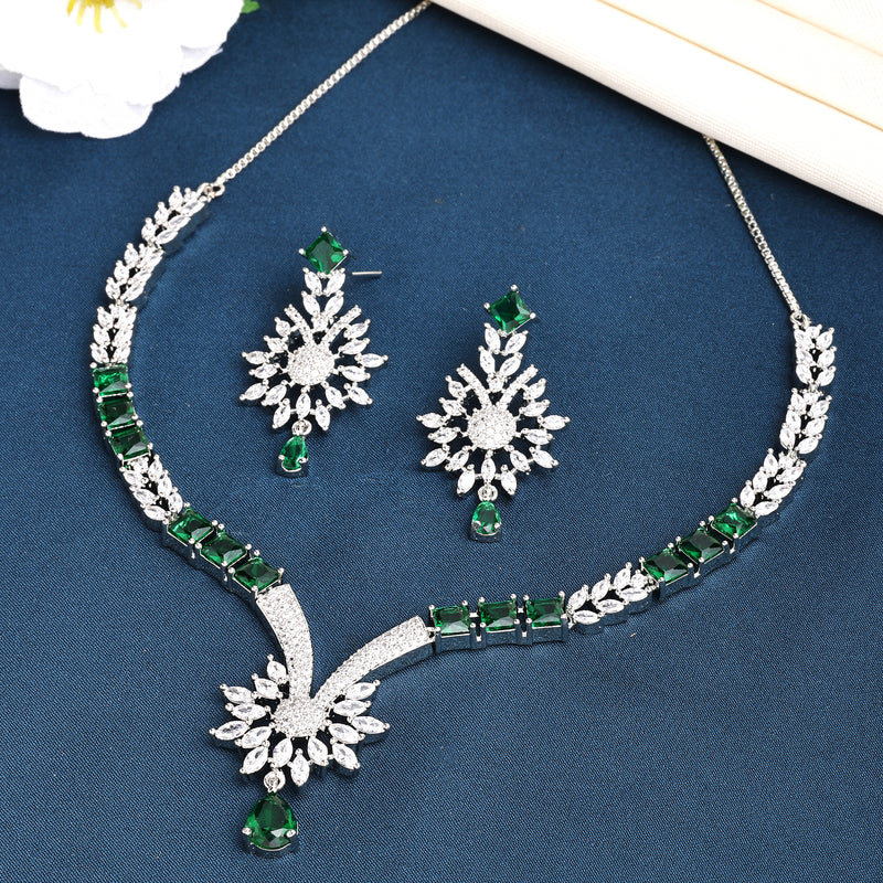 Rhodium Plated Silver Toned Green American Diamond Studded Jewellery  Set