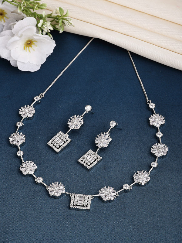 Rhodium Plated & Sparkle Blossom Design & White AD Stone Studded Necklace Set