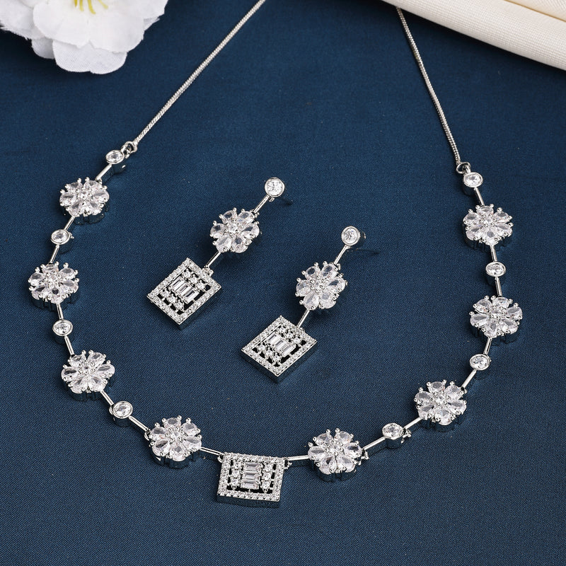 Rhodium Plated Silver Toned Blossom and Square Design White American Diamond Stone Studded Jewellery Set
