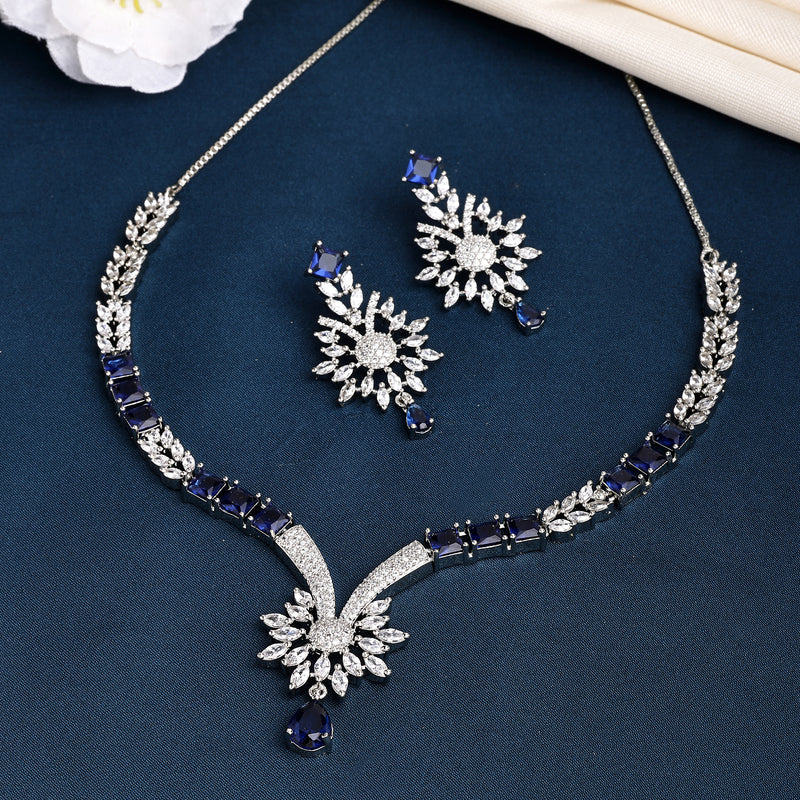 Rhodium Plated Silver Toned  Blue American Diamond Studded Jewellery Set