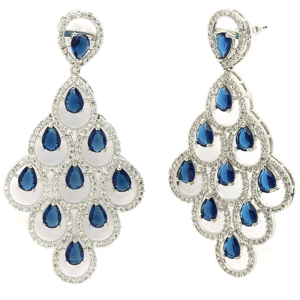 Rhodium Plated Silver Toned with Blue American Diamond Dangler Earrings