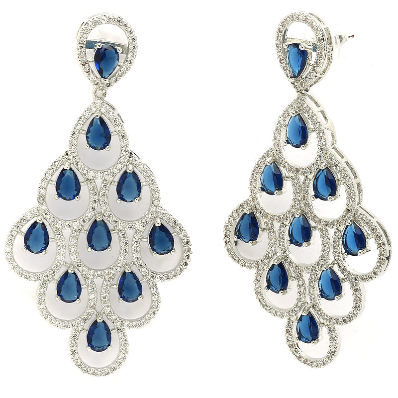 Rhodium Plated Silver Toned with Blue American Diamond Dangler Earrings
