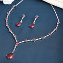Rhodium Plated Silver Toned Teardrop Style Red American Diamond Studded Jewellery Set
