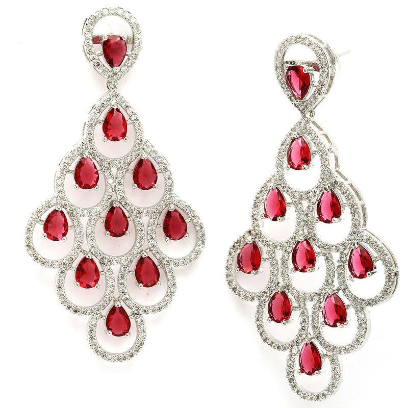Rhodium Plated Silver Toned with Red American Diamond Dangler Earrings