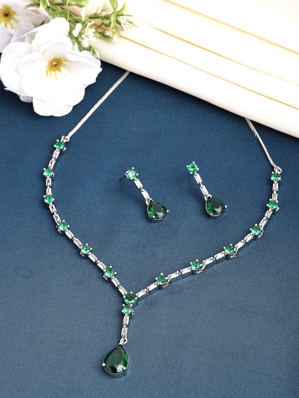 Rhodium Plated with Y Drop Style & Green American Diamond Studded Necklace Set