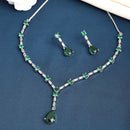 Rhodium Plated Silver Toned Teardrop Style Emerald Green American Diamond Studded Jewellery Set