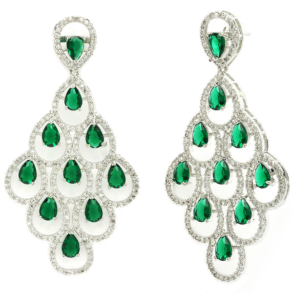 Rhodium Plated Silver Toned with Green American Diamond Dangler Earrings